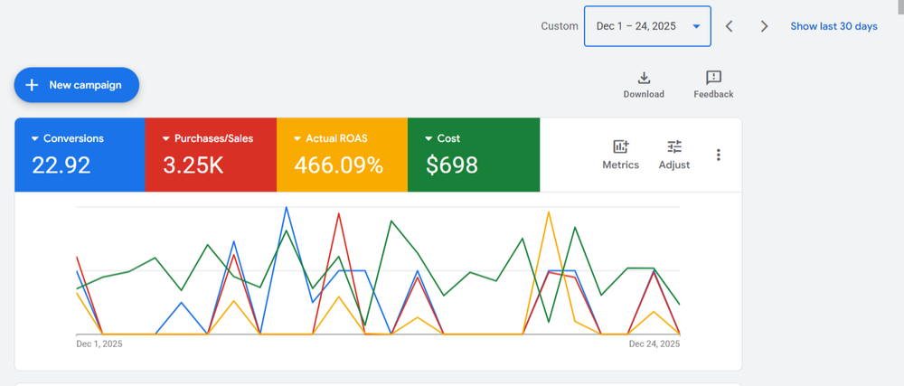 Google Ads — 466% ROAS, 3.25K purchases in December