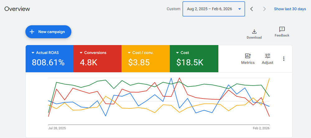 Google Ads overview — 808% ROAS across 4.8K conversions